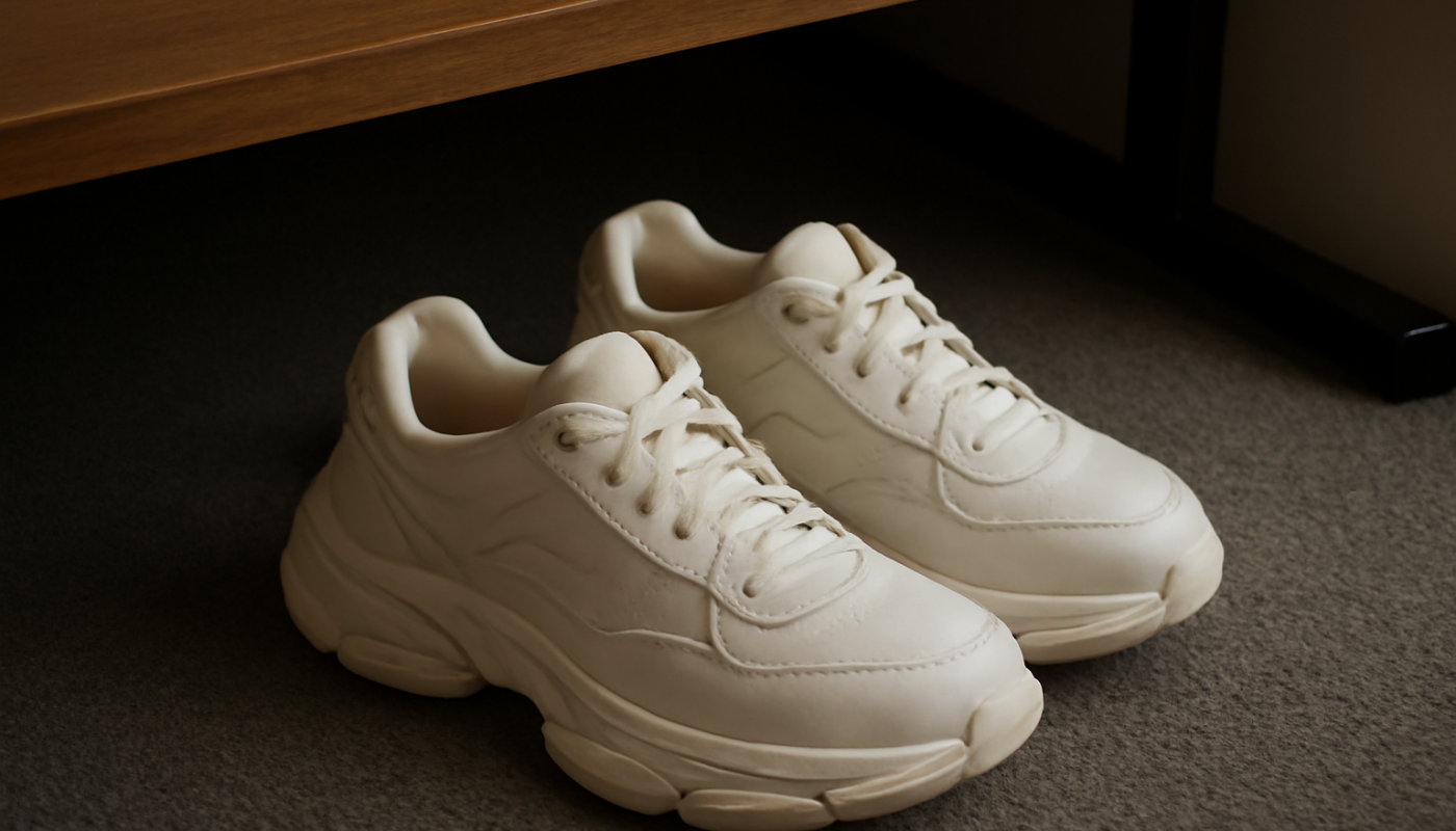 paire de baskets épaisses sous un bureau