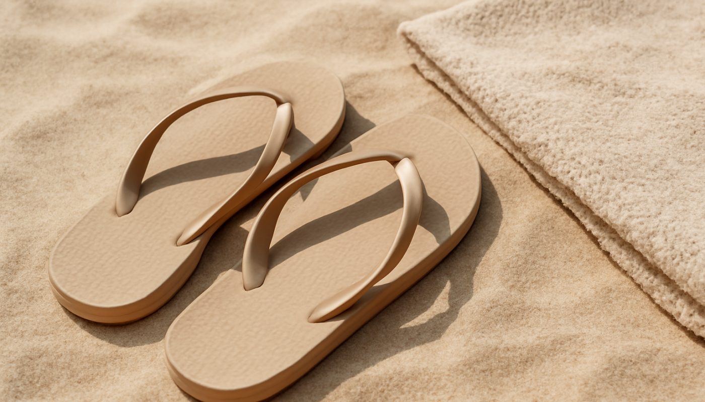 tongs posées sur sable fin près d'une serviette