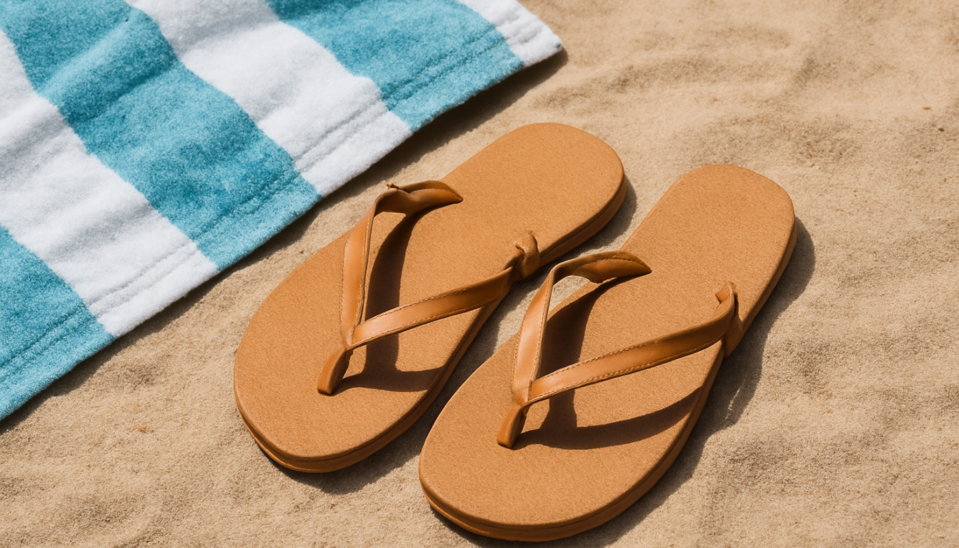tongs posees pres d'une serviette de plage