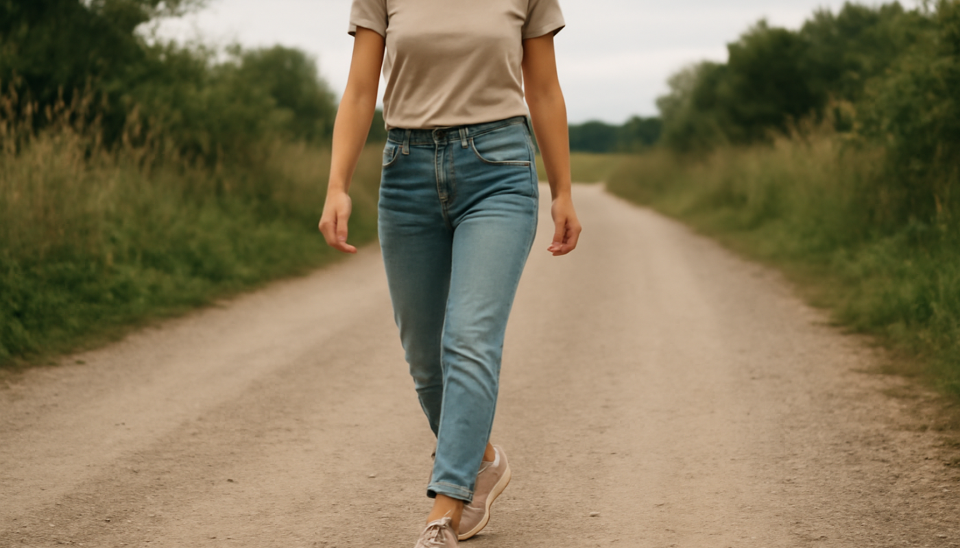 femme marchant en baskets neutres sur chemin