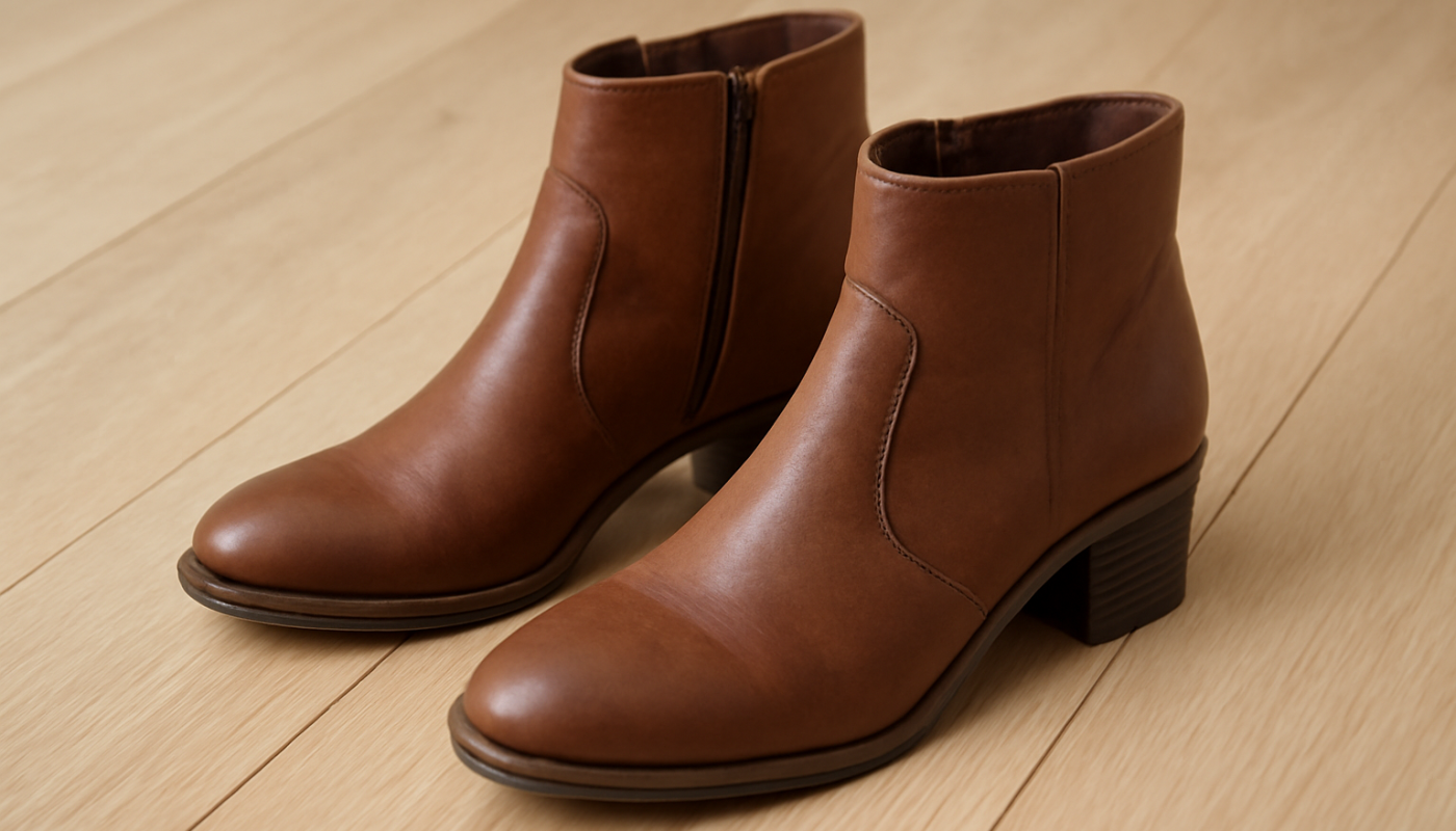 bottines posees sur plancher en bois clair