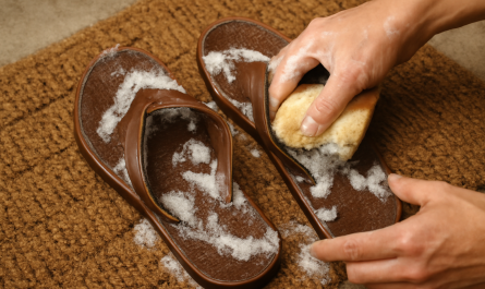 mains lavant des tongs en caoutchouc sur paillasson