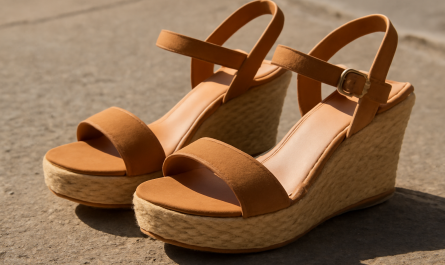 sandales compensees posees sur sol urbain ensoleille