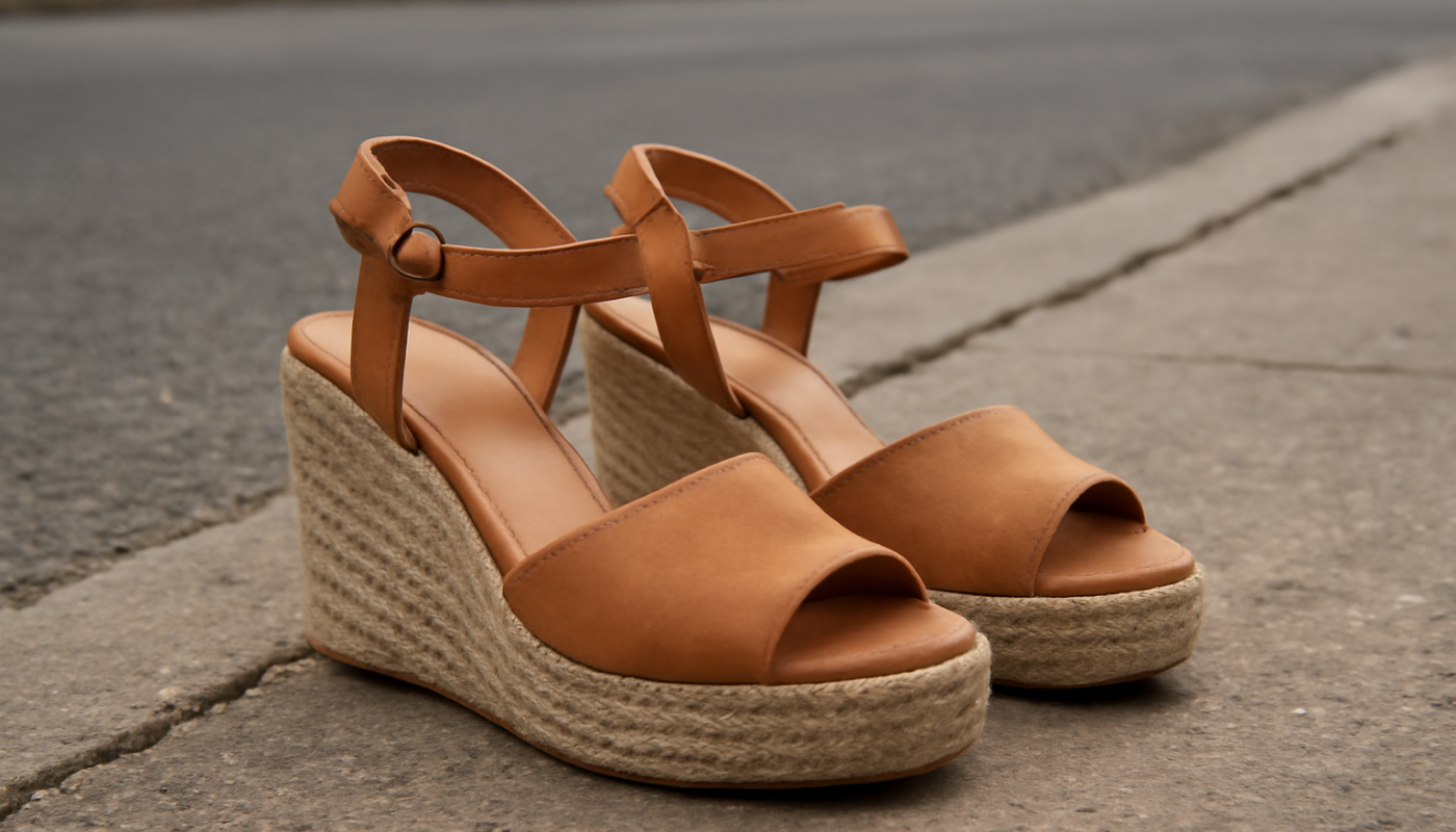 sandales compensées posées sur trottoir urbain