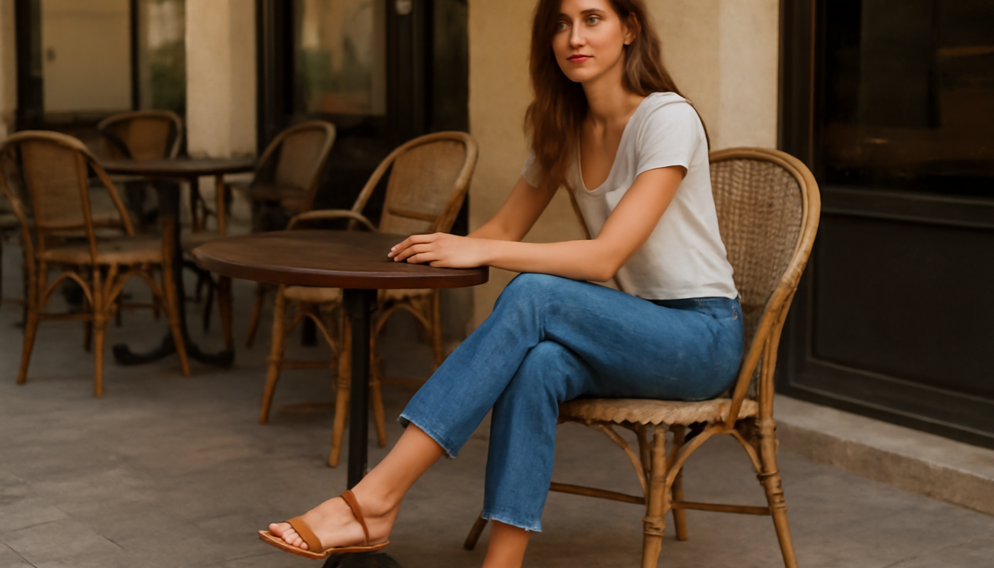 femme assise en terrasse portant sandales