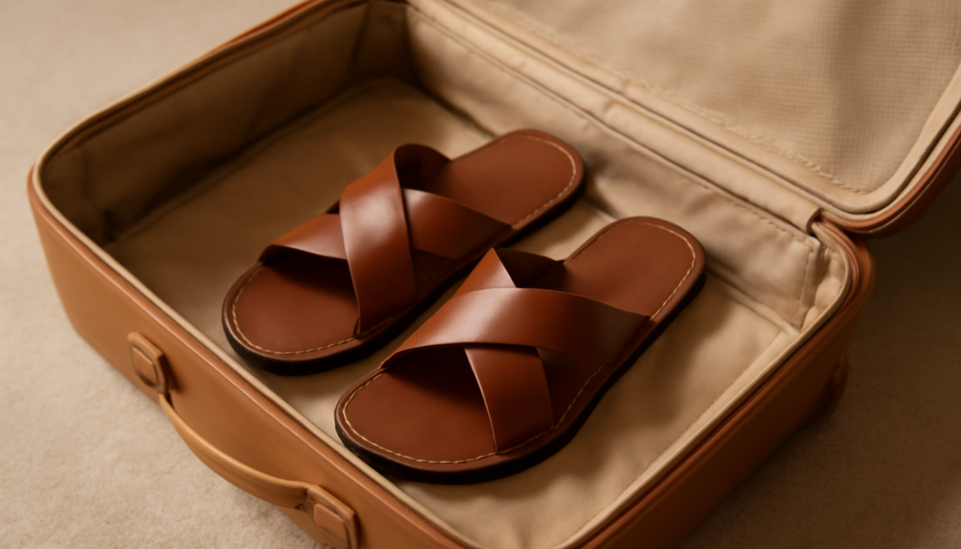 sandales posees sur valise ouverte