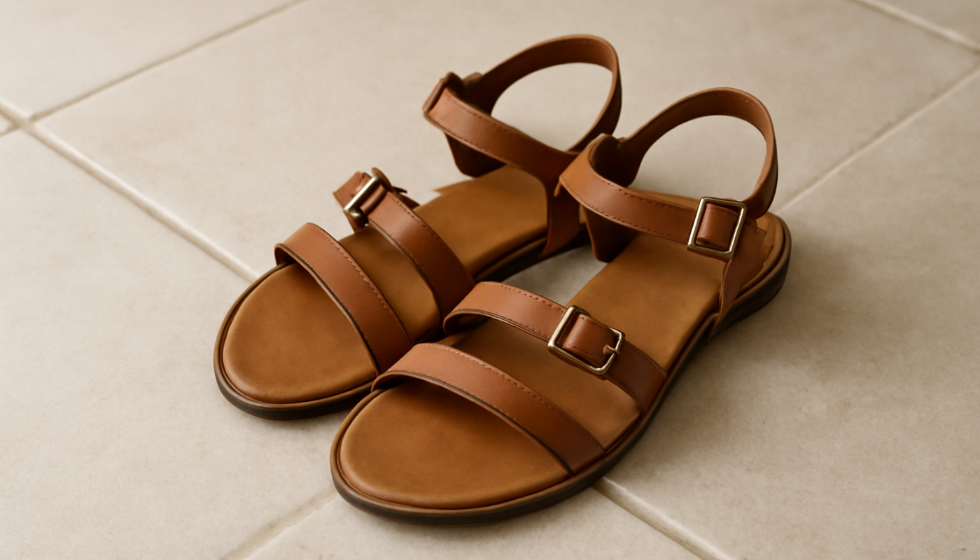 sandales a brides sur sol carrelage clair