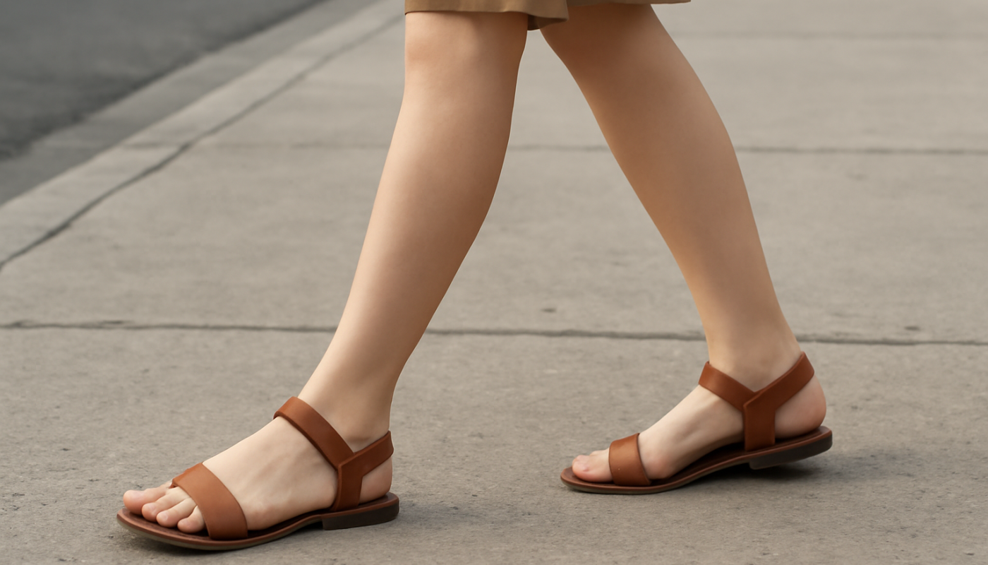 femme marchant en sandales sur trottoir