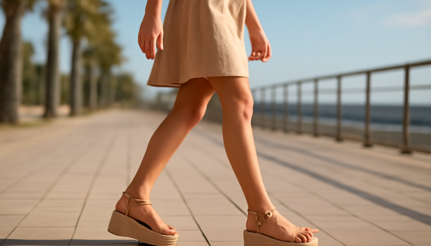 femme marchant en sandales plateformes sur promenade