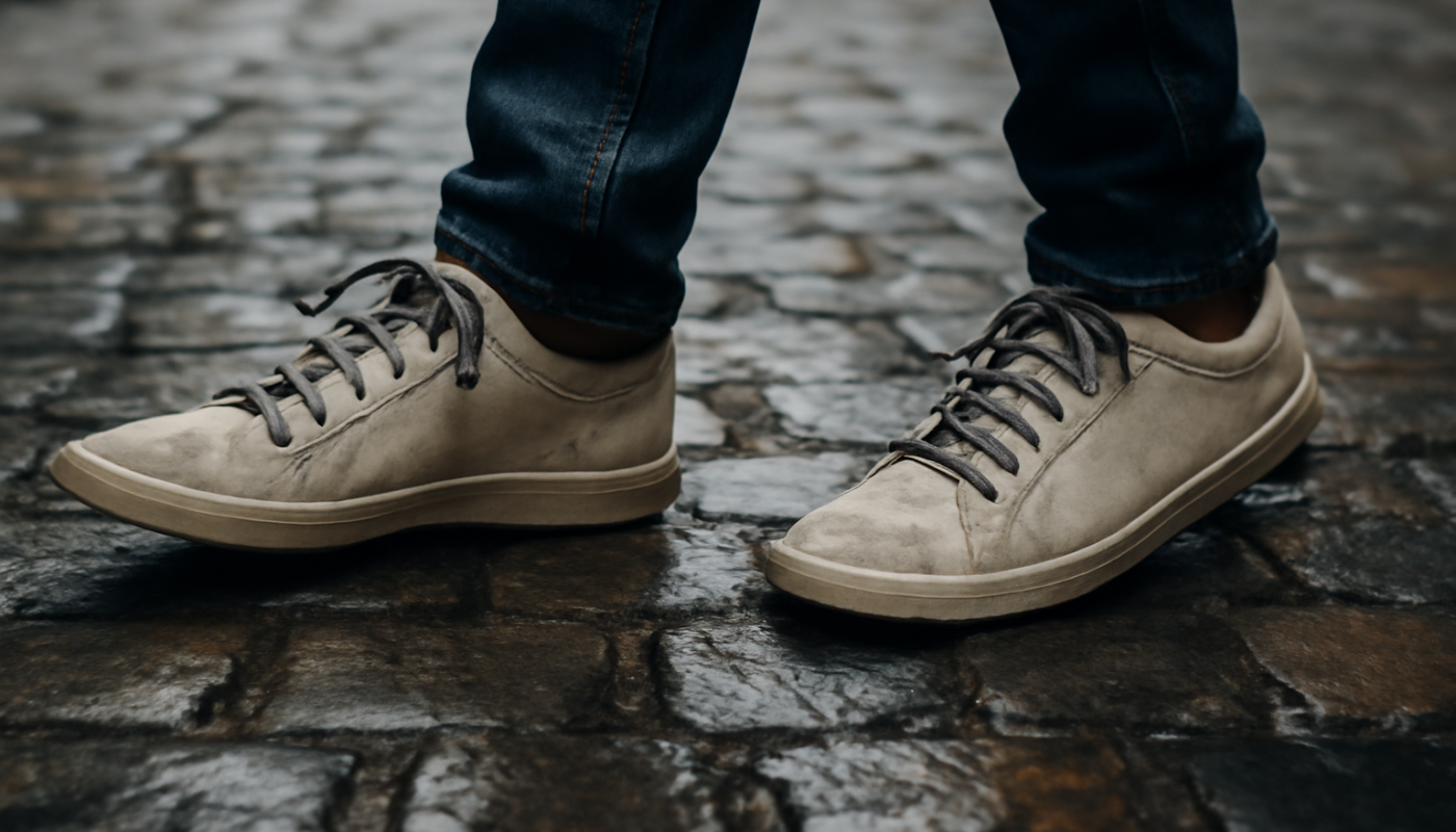 baskets marchant sur pave ancien humide