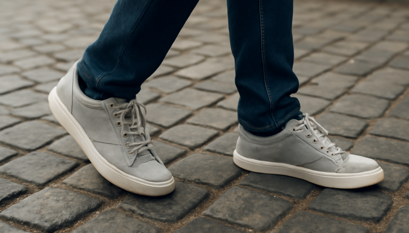 pieds en baskets sur pavé urbain en mouvement