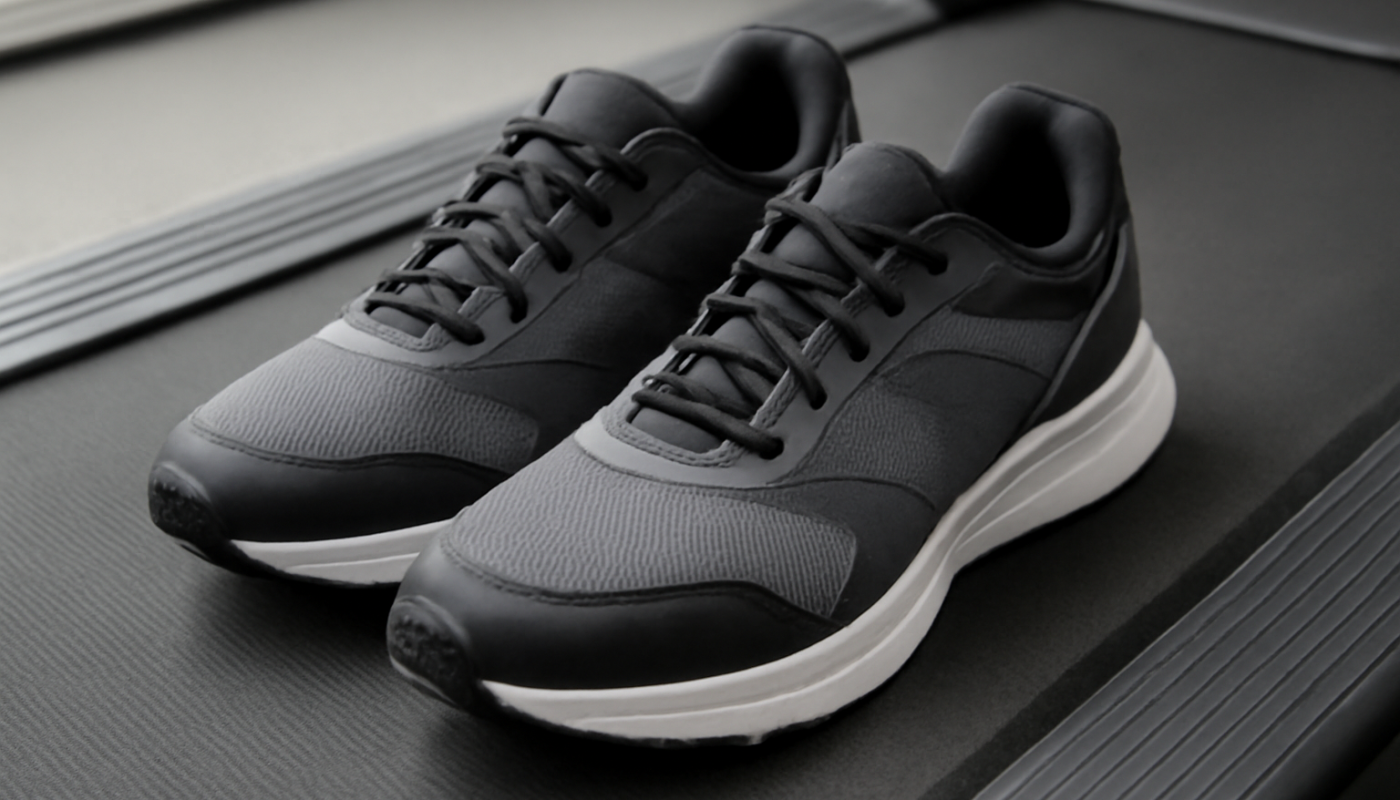 chaussures de sport posées sur tapis de course