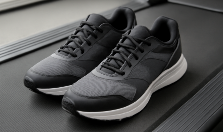 chaussures de sport posées sur tapis de course