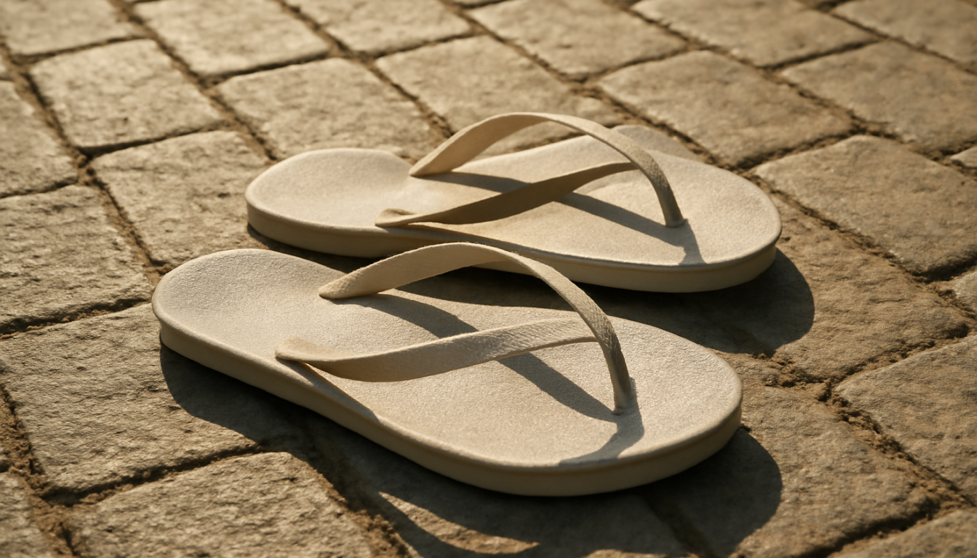 tongs posees sur pave urbain ensoleille