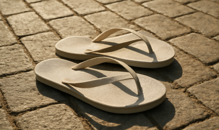 tongs posees sur pave urbain ensoleille