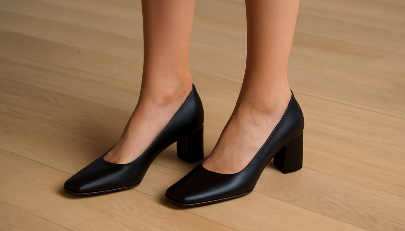 femme en talons carrés sur parquet clair