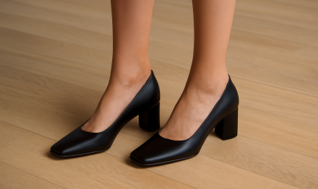 femme en talons carrés sur parquet clair