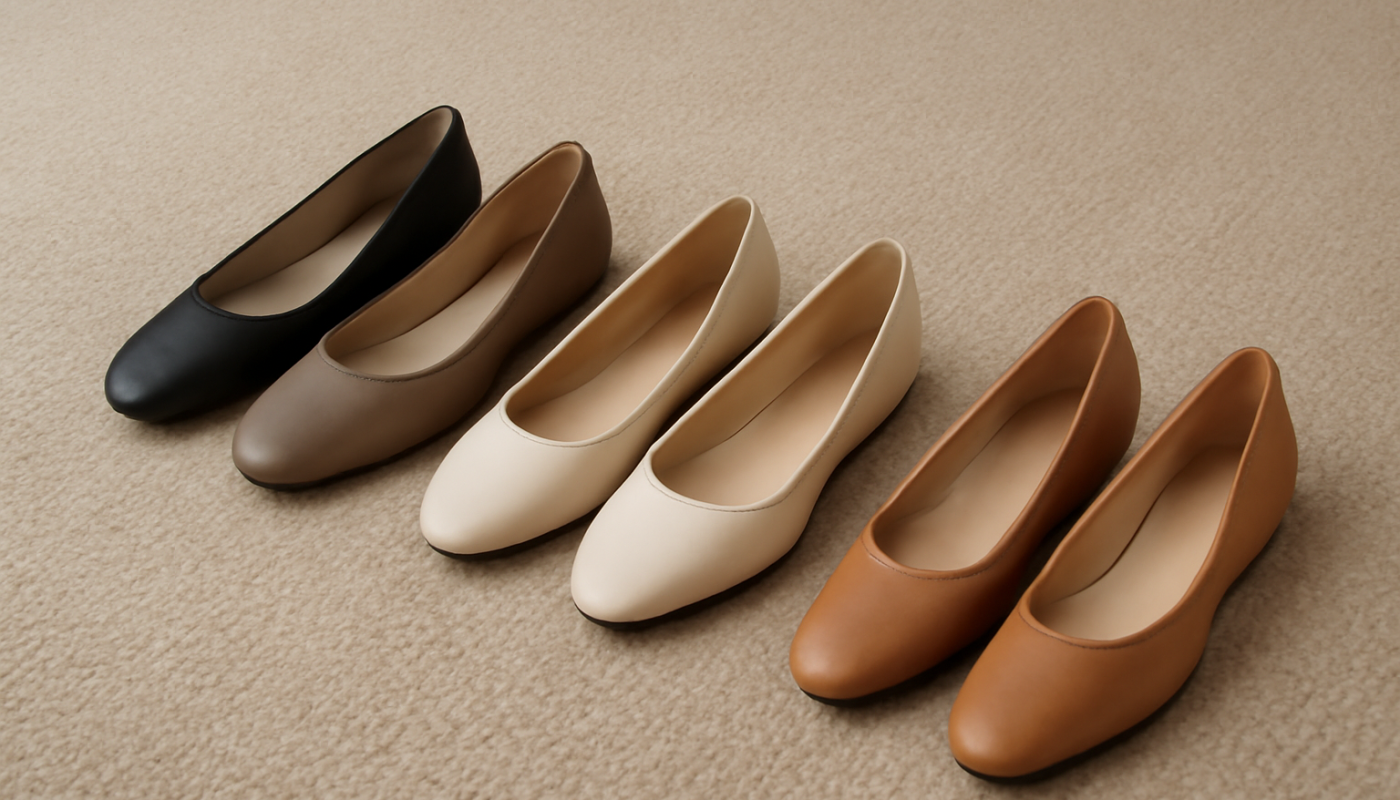 paires de talons bas alignees sur tapis
