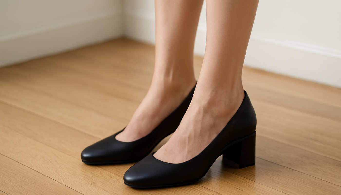 femme portant talons carres sur parquet clair