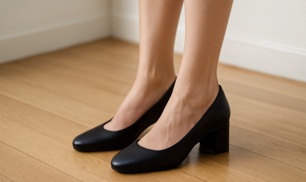 femme portant talons carres sur parquet clair