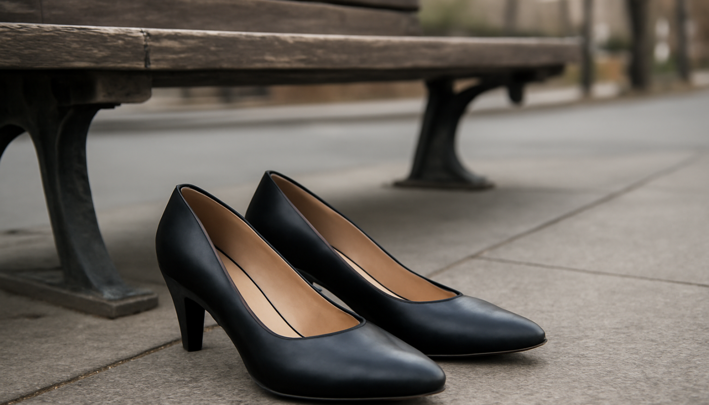 talons mi-hauts posés près d'un banc urbain