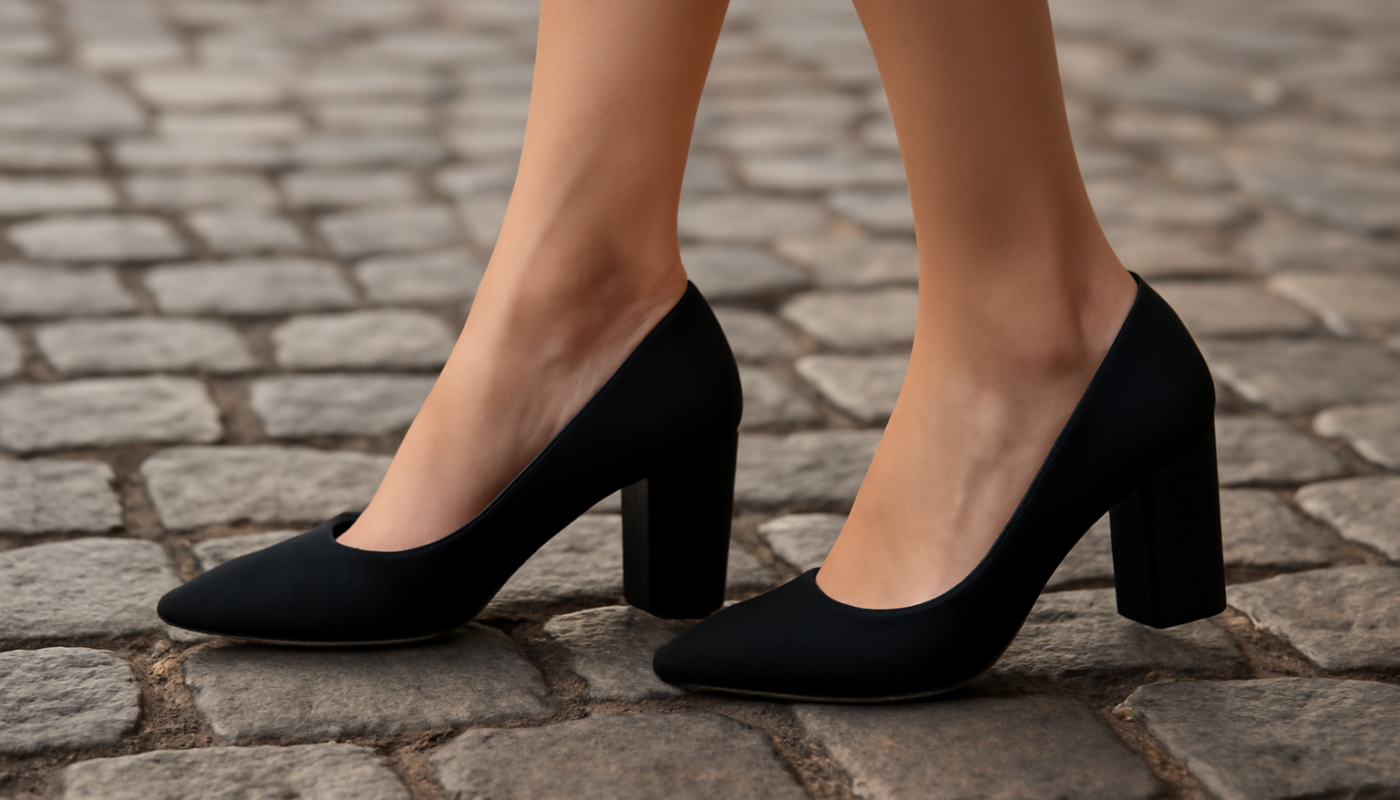 femme portant talons carrés sur pavé