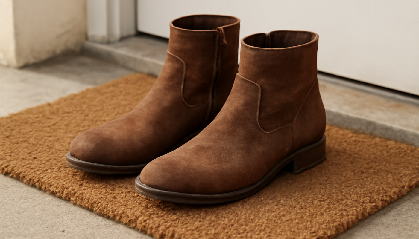 bottines posees sur paillasson d'entree
