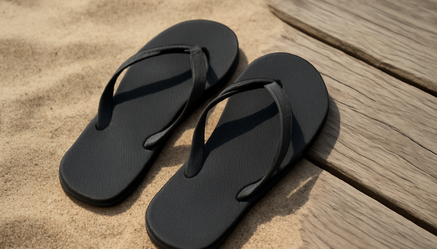tongs posées sur sable et planches de bois