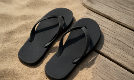 tongs posées sur sable et planches de bois