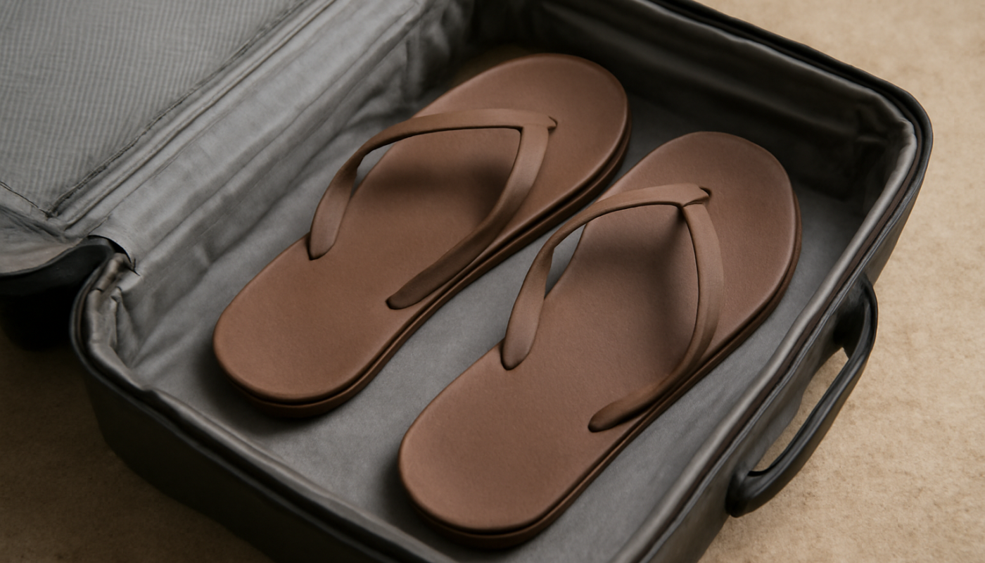 tongs pliées dans une valise ouverte