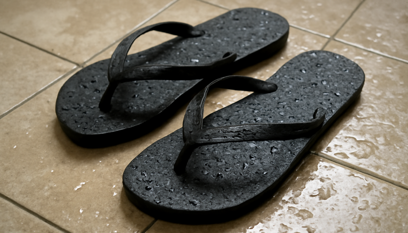 tongs humides posees sur carrelage mouille
