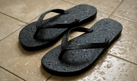 tongs humides posees sur carrelage mouille
