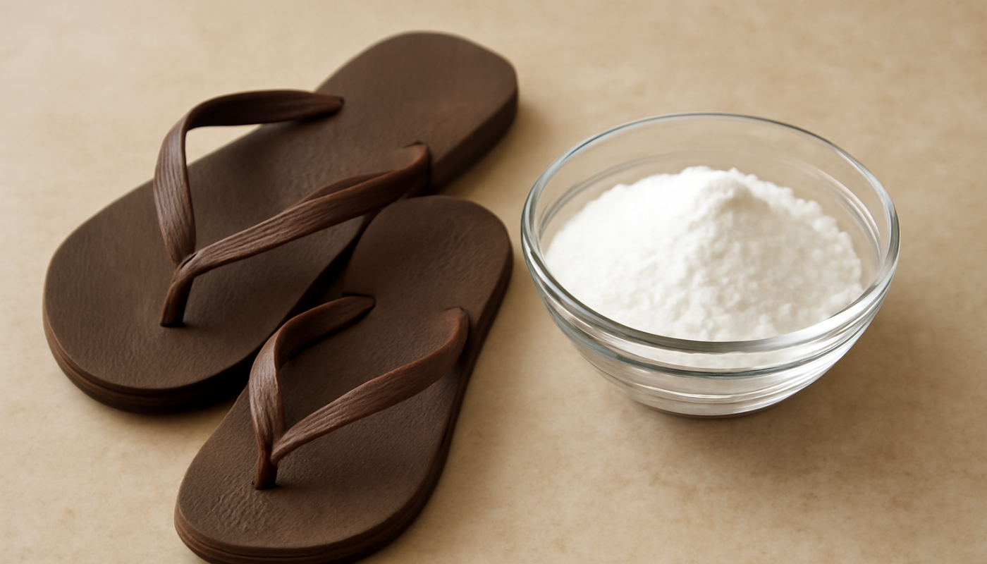 tongs posées près d'un bol de bicarbonate
