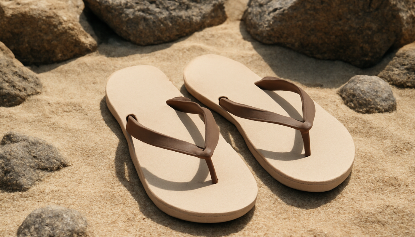 tongs posees sur sable fin et rochers