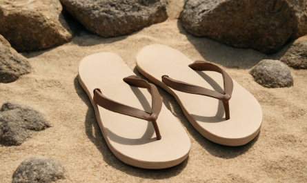 tongs posees sur sable fin et rochers