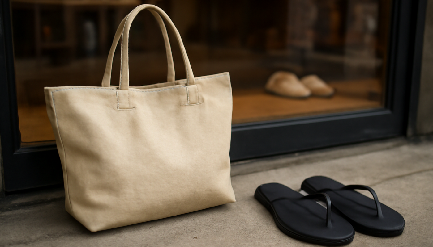 sac et tongs posés devant vitrine de magasin