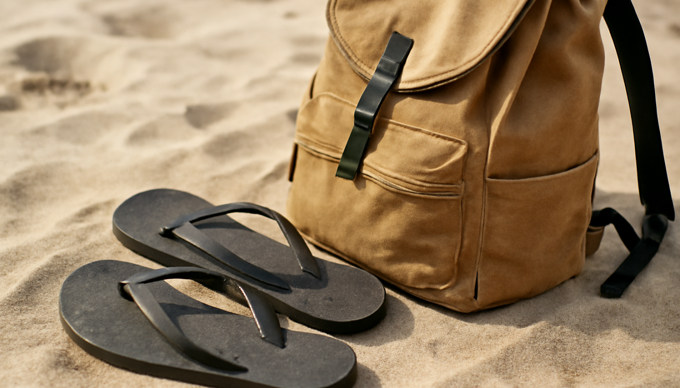 tongs près d'un sac à dos