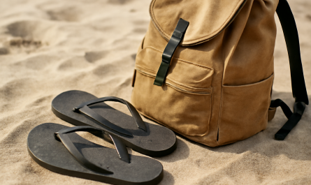 tongs près d'un sac à dos