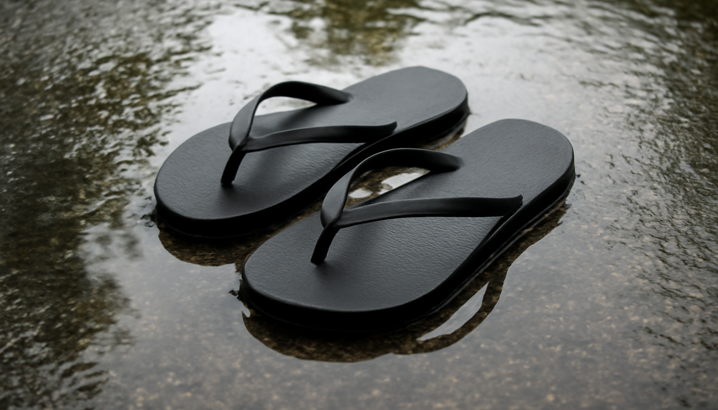 tongs posées sur sol mouillé et reflets