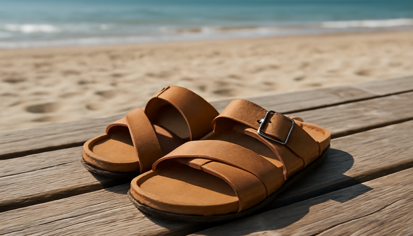 sandales posées sur planches de bois plage