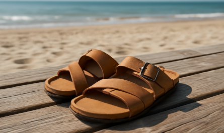 sandales posées sur planches de bois plage