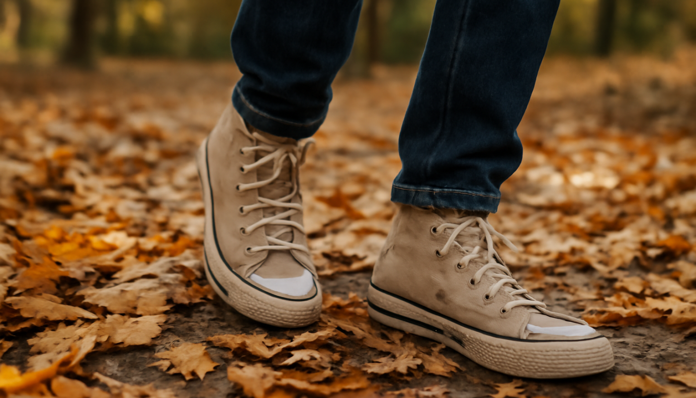 personne marchant en baskets montantes feuilles mortes