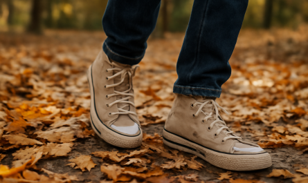 personne marchant en baskets montantes feuilles mortes