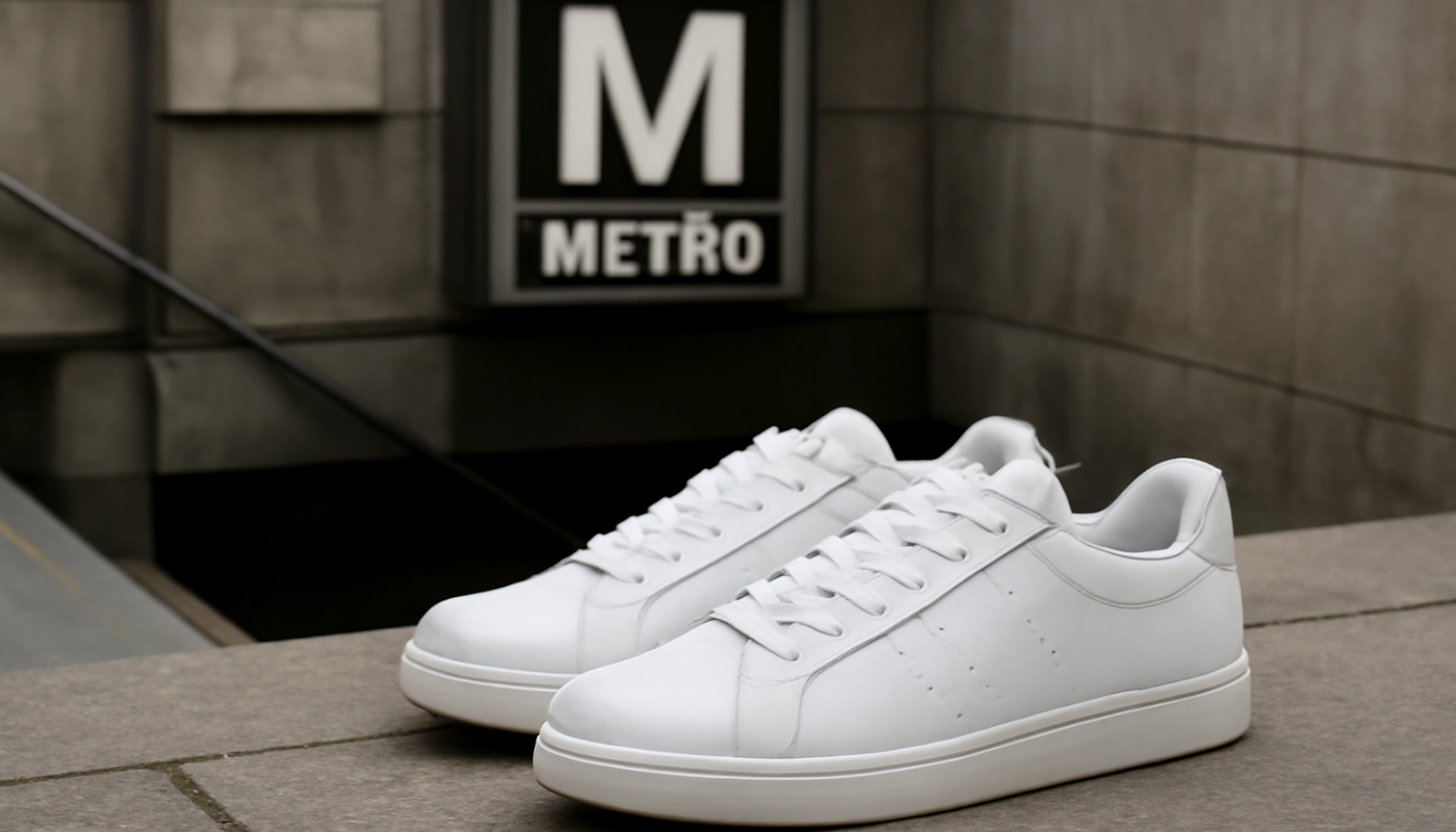 paire de baskets posee pres d'une station de metro