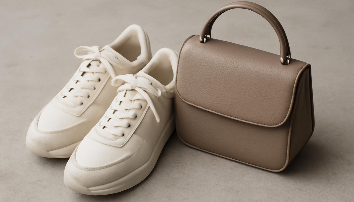 baskets à côté d'un sac à main compact