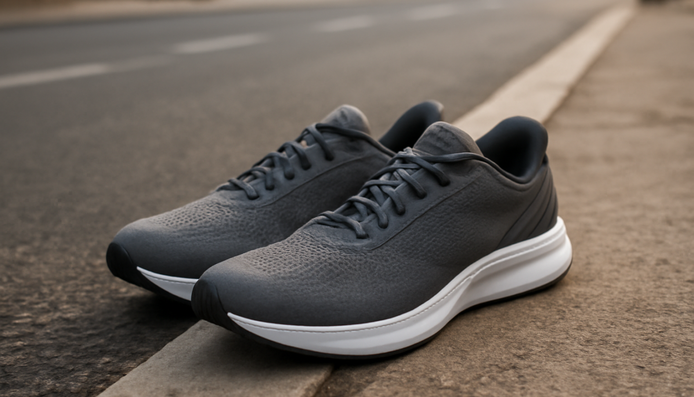 paire de chaussures sport au bord d'une route urbaine
