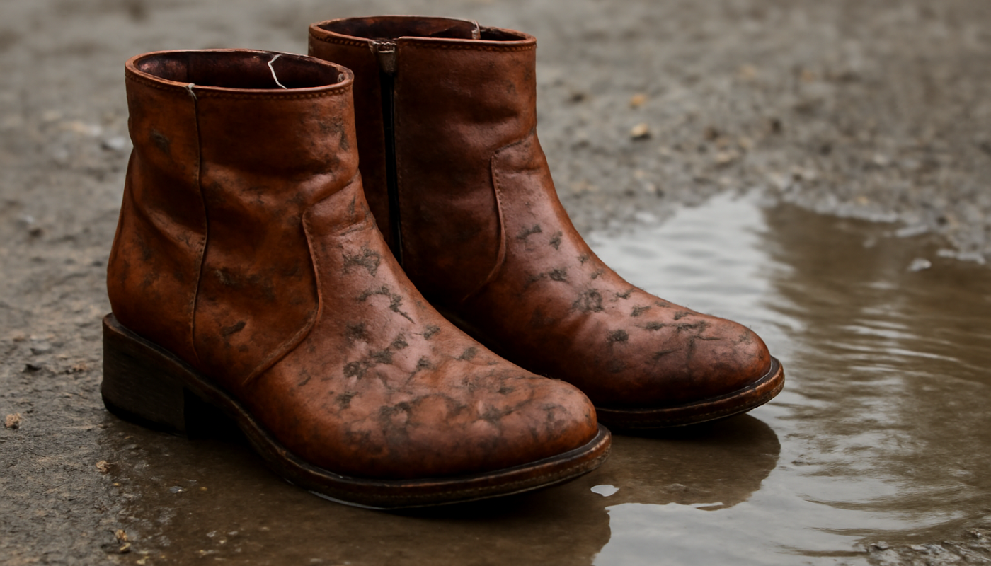 bottines éclaboussées près d'une flaque d'eau