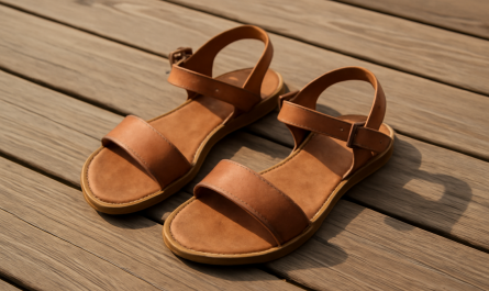 sandales a brides posees sur terrasse en bois