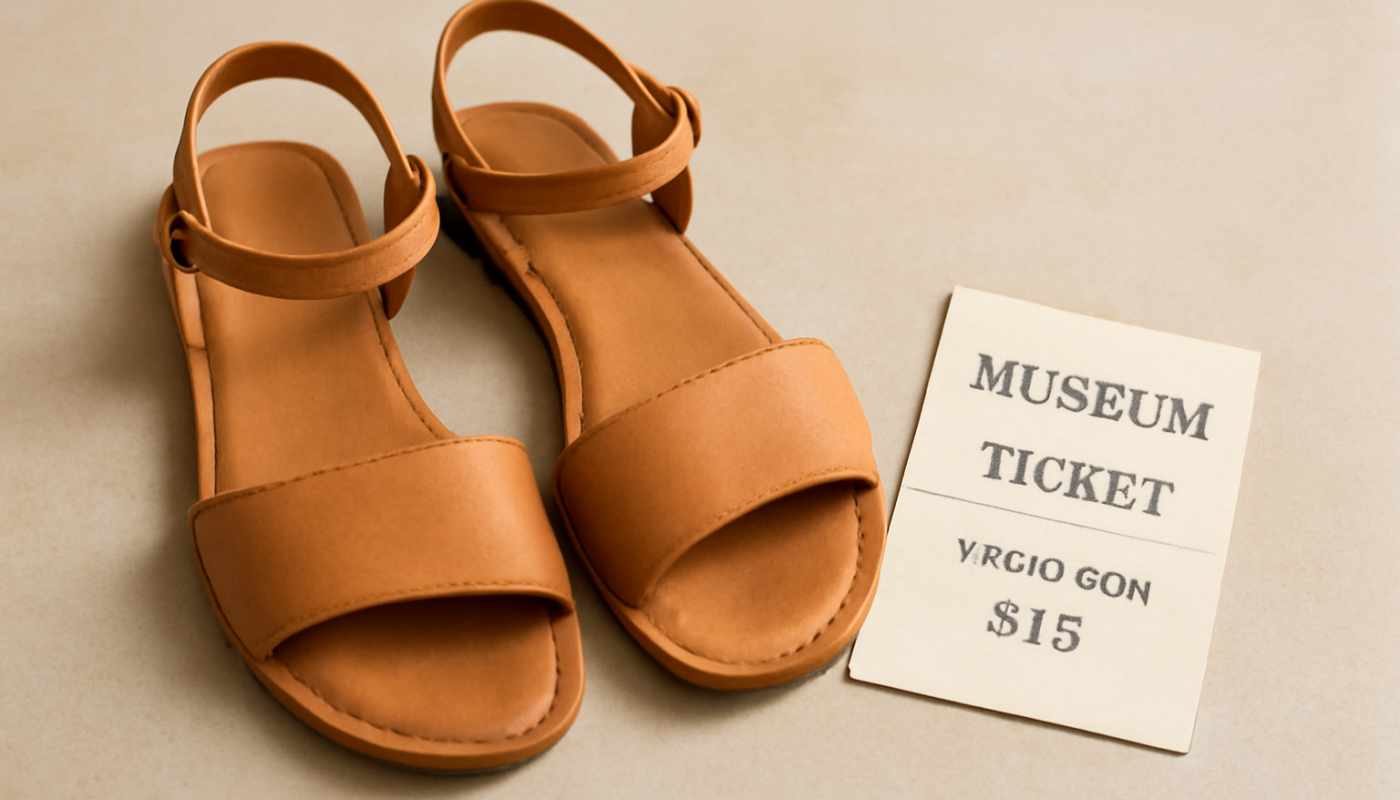 sandales posées à côté d'un billet de musée